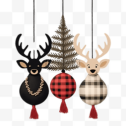 圣诞水牛格子鹿鹿角上挂着圣诞玩
