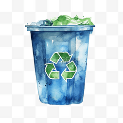 垃圾桶的垃圾图片_绿色蓝色回收站水彩插图ai生成