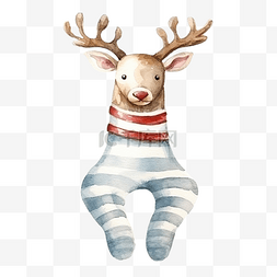 穿着袜子的水彩圣诞驯鹿