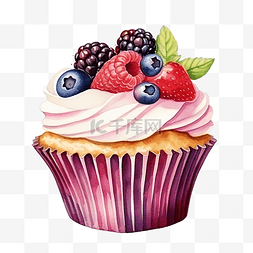 粉色纸杯蛋糕图片_水彩水果蛋糕