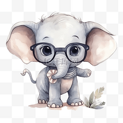 可爱水彩书呆子野象动物戴眼镜卡