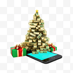 首都医科图片_智能手机屏幕上圣诞树下的钱袋