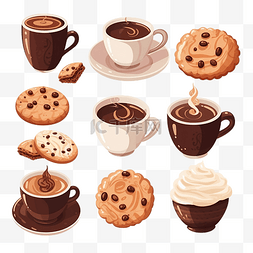 奶油咖啡店图片_咖啡和饼干集合平面风格