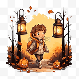 秋季服装海报图片_一个学龄前男孩提着灯笼在万圣节