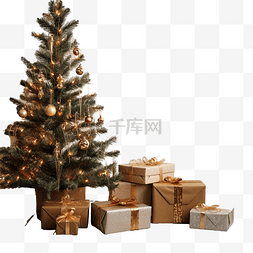 家居装饰盒图片_木质表面圣诞树附近的圣诞礼物
