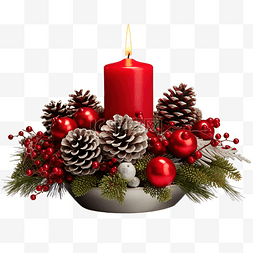 圣诞树松果图片_带红蜡烛和银松果的圣诞餐桌中心