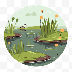 水岸卡通图片_沼泽剪贴画平面插图与水卡通中的