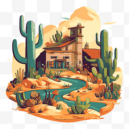 卡通沙漠房子图片_西南剪贴画可爱的房子和池塘在沙