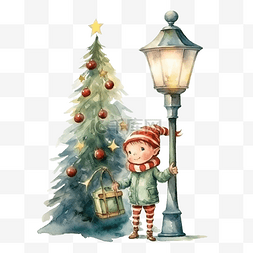 钟水彩图片_圣诞树灯和精灵的水彩插图