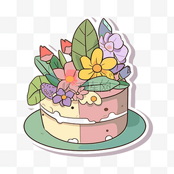 带有蛋糕和鲜花的简单贴纸 向量