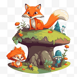 寓言剪贴画卡通狐狸与蘑菇和蘑菇