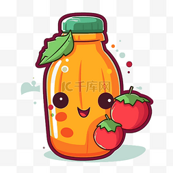 米色背景中装有草莓的卡通果汁瓶