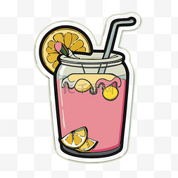 贴纸描绘了一杯带有柠檬的粉红色