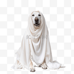狗零食图片_一只穿着鬼魂服装的狗站在为庆祝