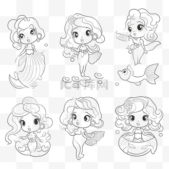 概述可爱的小美人鱼女孩卡通人物矢量手绘收藏集