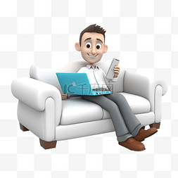 坐在吧椅上休息图片_3d 的员工在沙发上放松