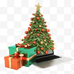 3d 圣诞树礼品盒渲染和笔记本电脑
