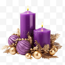 紫色和金色图片_圣诞组合物，配有蜡烛和紫色和金