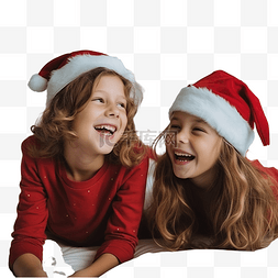床上一堆衣服图片_戴着红色圣诞帽的女孩和男孩青少