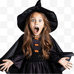 万圣节巫师帽南瓜图片_十月惊讶的女孩在女巫万圣节服装