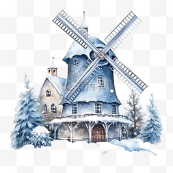 新年家的插画图片_水彩风车覆盖着雪圣诞元素水彩插