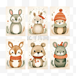 狐狸和兔子图片_圣诞快乐庆祝狐狸熊和兔子卡套装