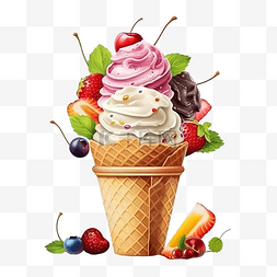 冰淇淋与水果和配料在晶圆锥上隔