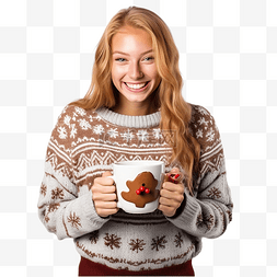 爱喝咖啡的女孩图片_一个穿着羊毛毛衣的小女孩拿着姜