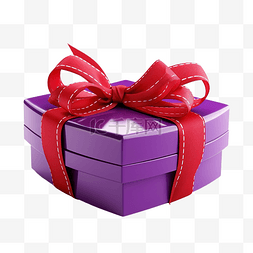 带紫色丝带的红色心形礼品盒