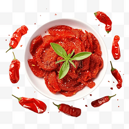 蔬菜沙拉背景图片_橄榄油顶视图中晒干西红柿香料和