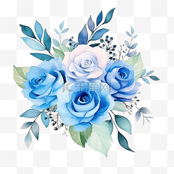 水彩鲜花花束与蓝玫瑰和绿叶插画