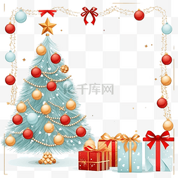 红花环图片_淡蓝色框架与圣诞树