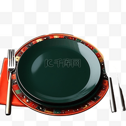 叉子盘子刀图片_黑色盘子和带有绿色圣诞装饰的老