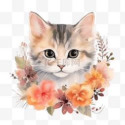 春天花卉水彩与可爱的猫动物