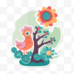 公鸡贴纸图片_动物公鸡与花和树的贴纸 向量