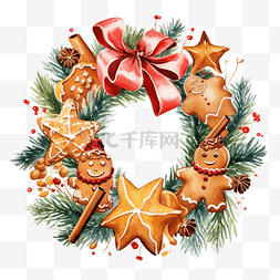 姜饼插画图片_帶金鈴鐺和薑餅餅乾的水彩聖誕花