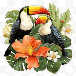巴西花图片_热带叶花上的两只托科巨嘴鸟