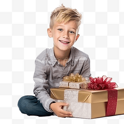 老人孩子开心玩耍图片_金发小男孩玩圣诞礼物和盒子