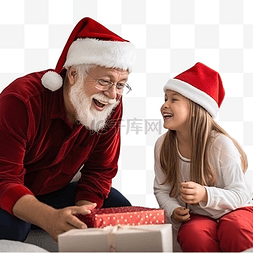 戴红帽子的白人祖父在家和孙女玩
