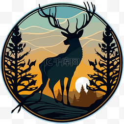 鹿设计图片_鹿剪影贴纸剪影鹿头从树森林日落