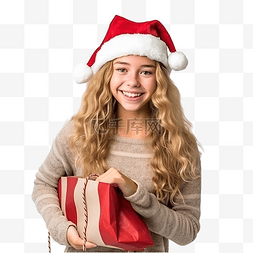 拿包的女孩图片_戴着圣诞帽的女孩拿着装满礼物的