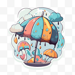 贴纸上显示有雨滴和蘑菇的雨伞 
