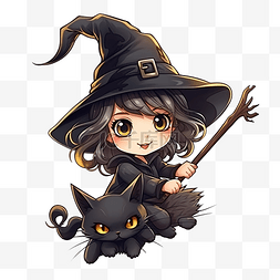 黑猫女巫图片_万圣节女巫人物与黑猫骑着扫帚飞