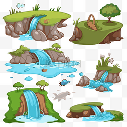 卡通自然景观图片_流剪贴画土地和瀑布集 向量