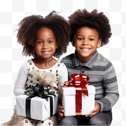 小孩和圣诞礼物图片_快乐的非洲裔美国儿童在一间配有