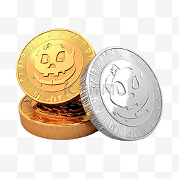 金币和银币图片_万圣节南瓜上的一组金币和银币，