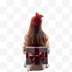 抱着礼盒的人图片_长发女孩戴着圣诞帽拿着礼盒看城