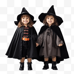 拉漫画图片_万圣节时两个可爱的孩子穿着女巫