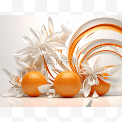 橙子和鲜花排列在白色表面的前面