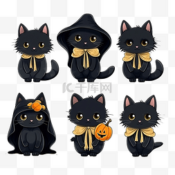 宠物可卡图片_手绘万圣节黑猫套装穿着不同的节